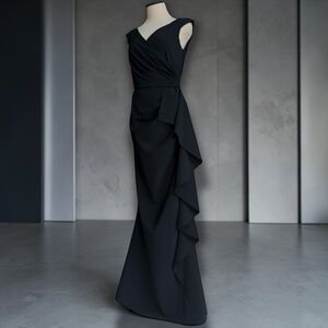 Chiara Boni Sozen Cascade Ruffle Draped Maxi Sleeveless Gown Navy Blue